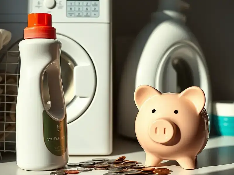 Piggy bank and laundry supplies representing savings