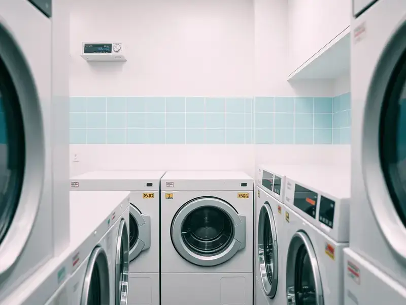 Modern commercial washing machines at Lee's Laundromat